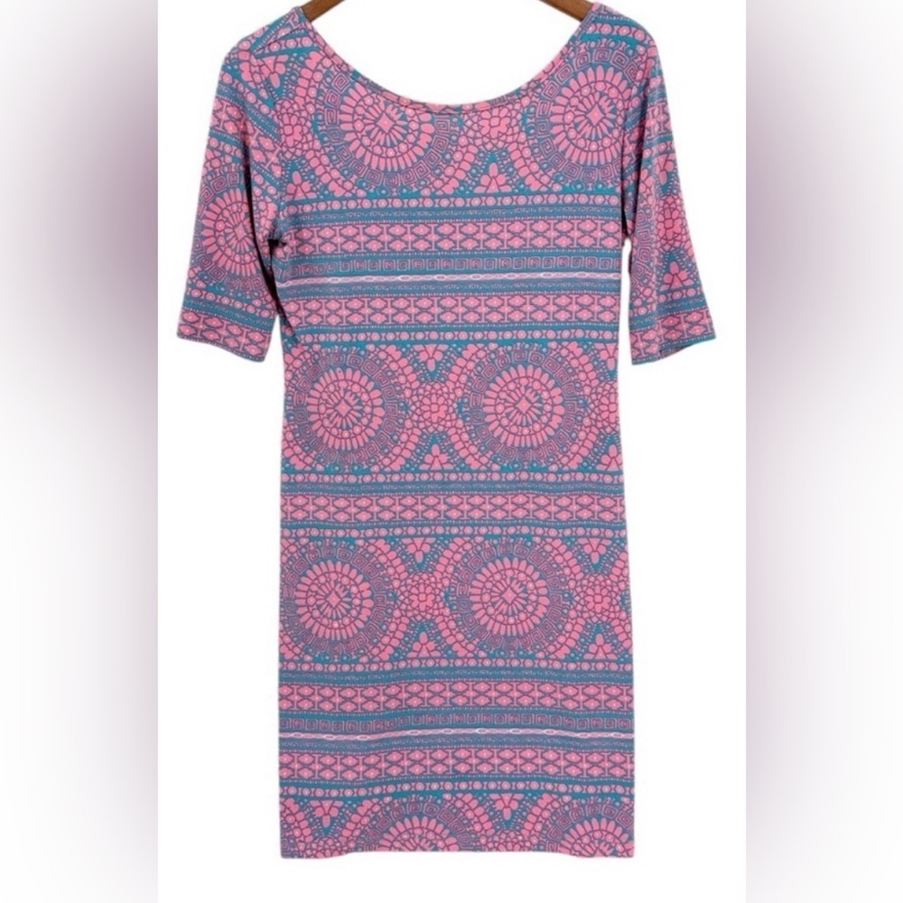 Tori Richard Honolulu Pink & Blue Geometric Scoop Neck Dress – Size M – EUC
